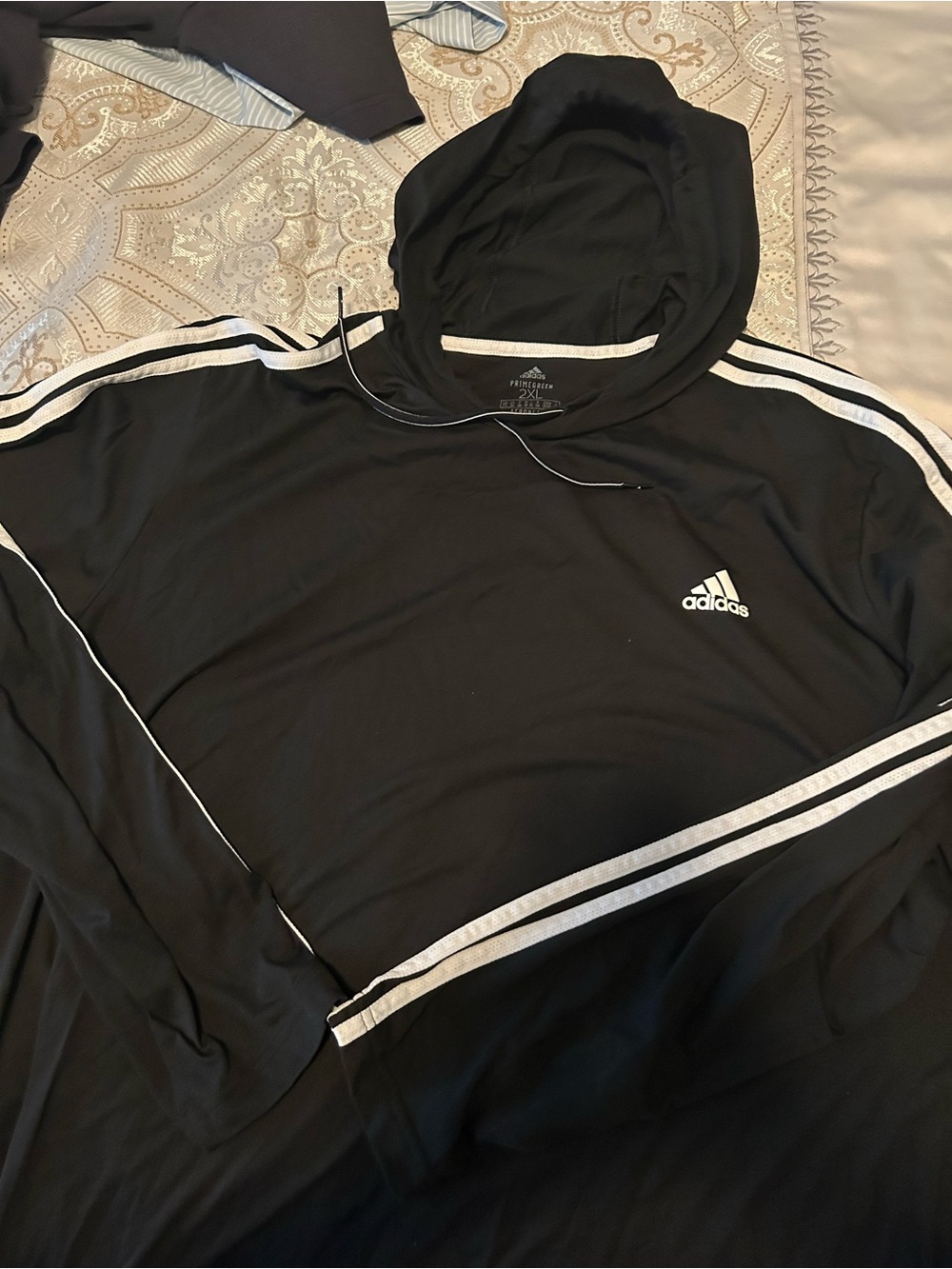 adidas Black Hooded Pullover with White Three-Stripe Detailing